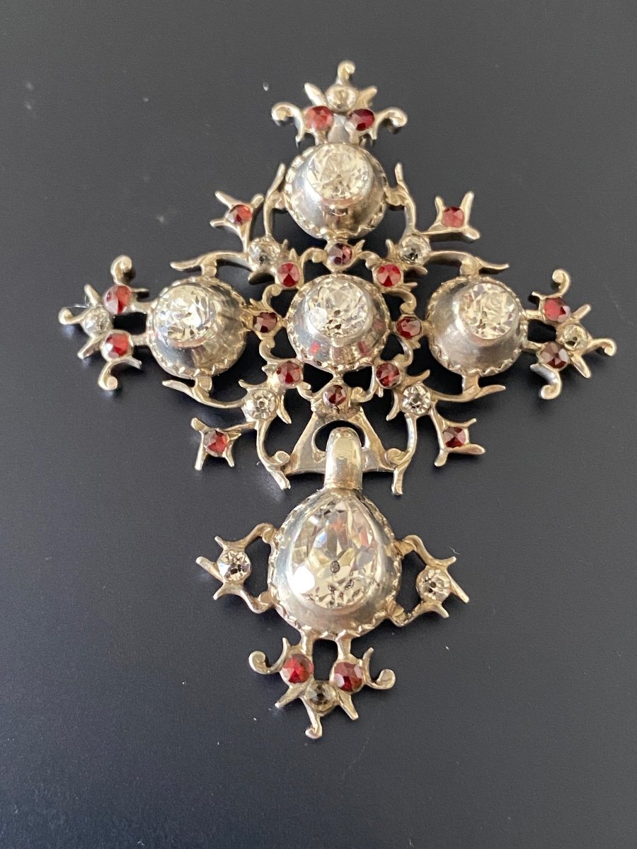 Ancienne Croix Pendentif En Argent 800/1000 Eme Et Pierres