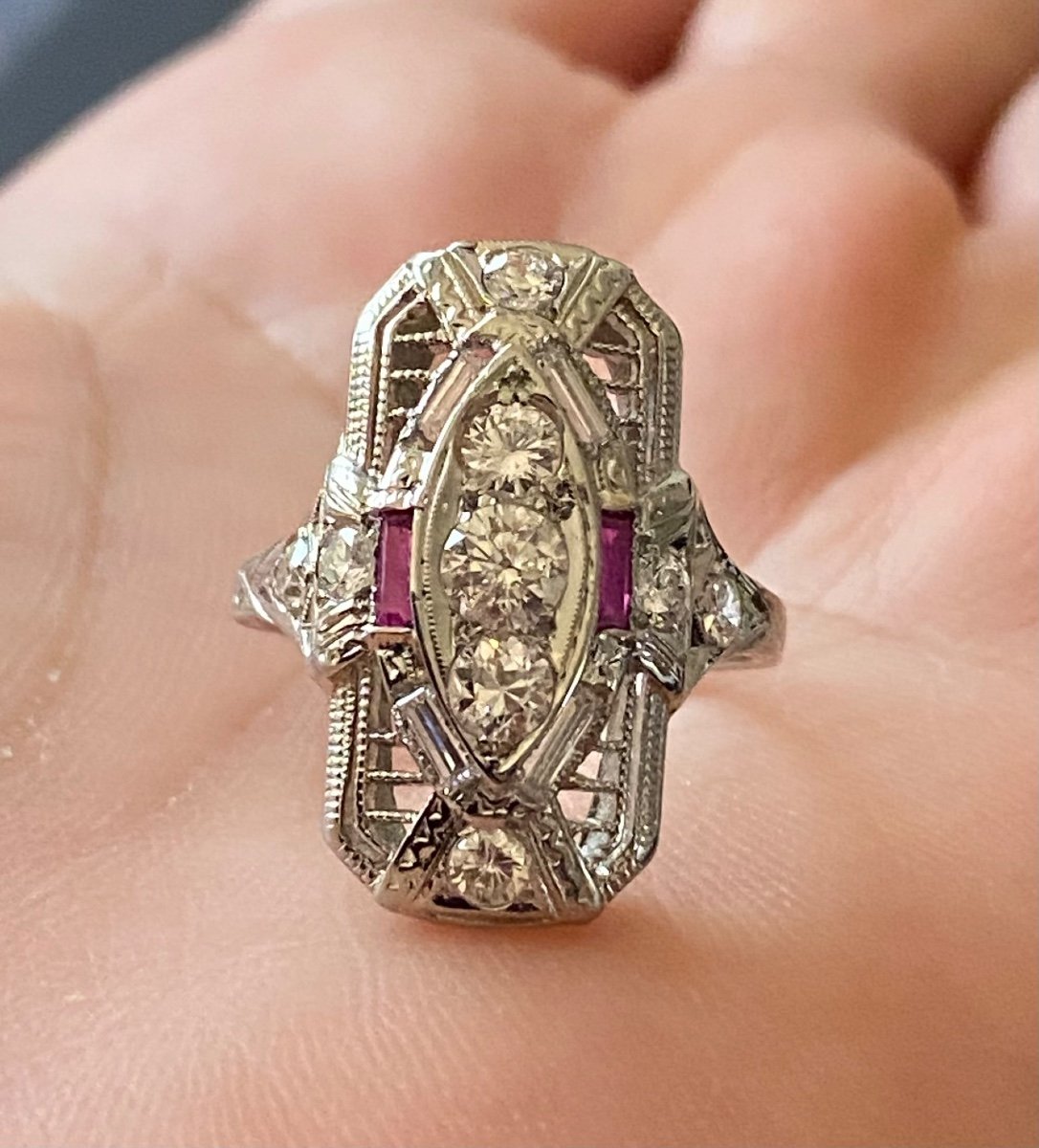 Art Deco Style Ring In White Gold, Rubies And Diamonds-photo-2