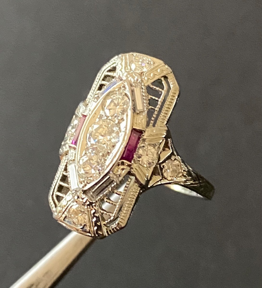 Art Deco Style Ring In White Gold, Rubies And Diamonds-photo-3