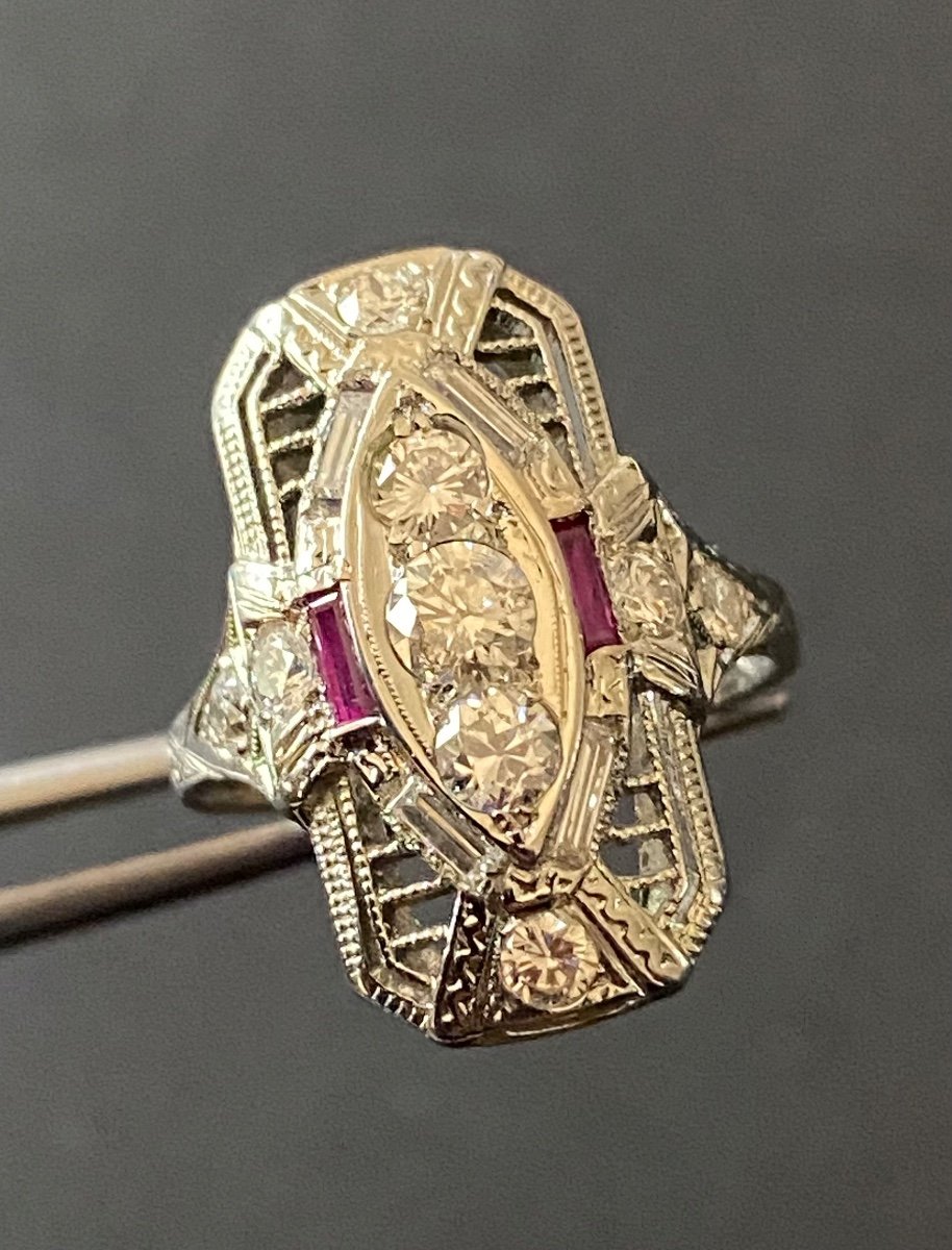 Art Deco Style Ring In White Gold, Rubies And Diamonds-photo-4