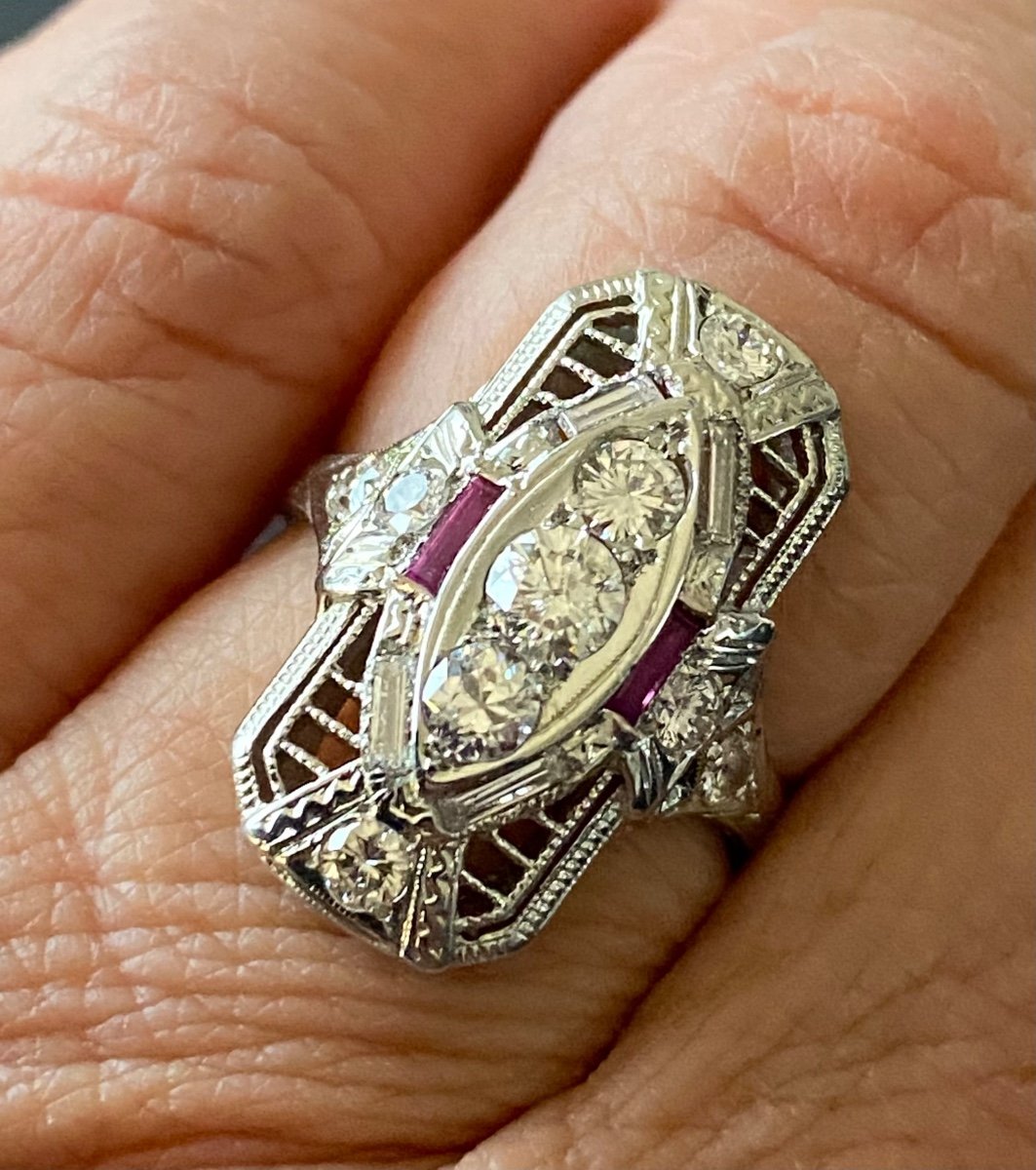 Art Deco Style Ring In White Gold, Rubies And Diamonds-photo-1