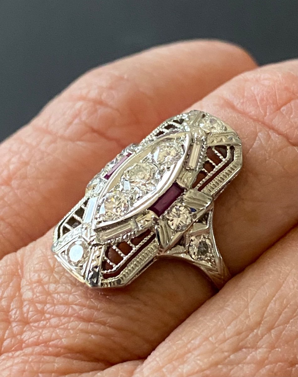 Art Deco Style Ring In White Gold, Rubies And Diamonds-photo-2