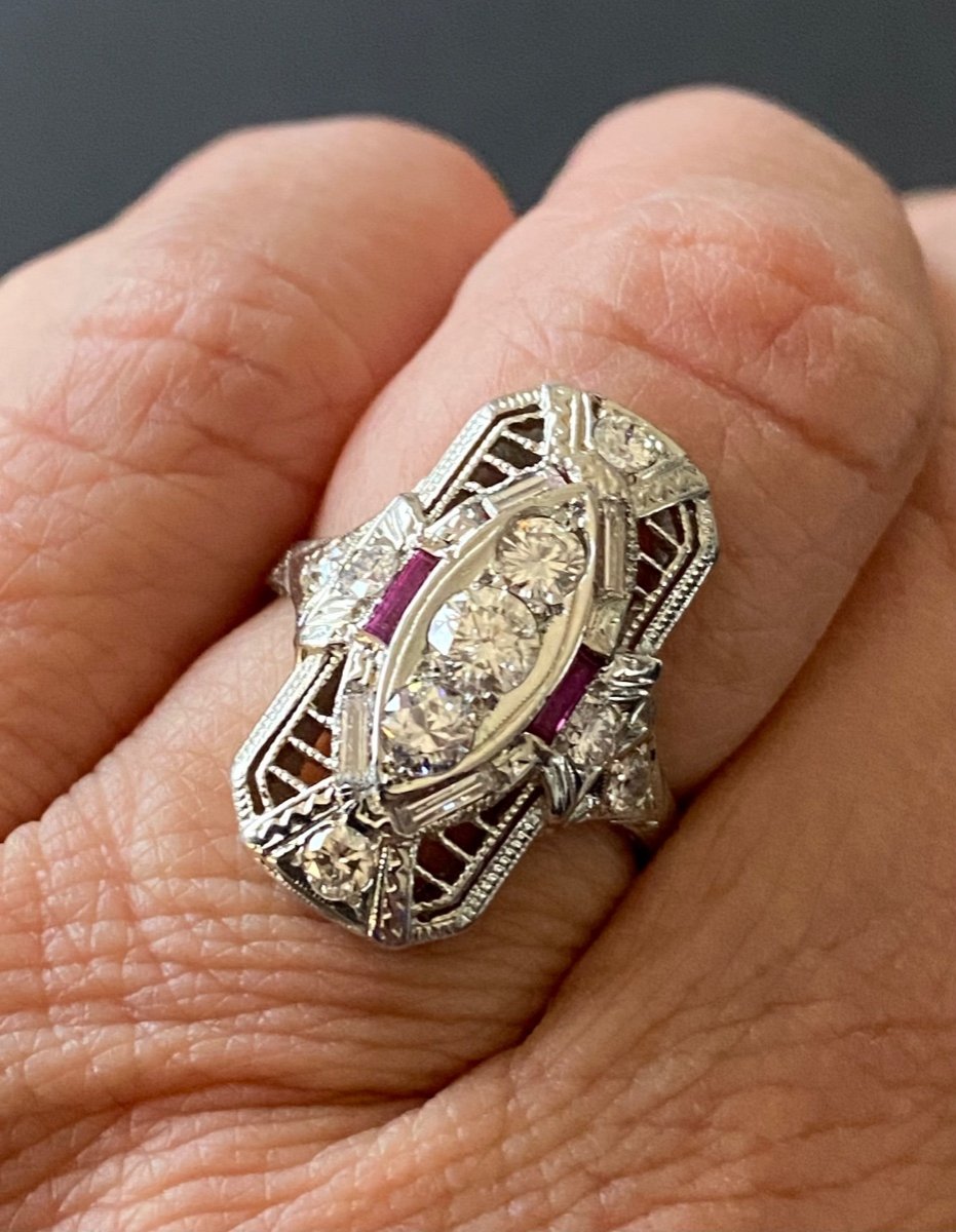 Art Deco Style Ring In White Gold, Rubies And Diamonds-photo-3