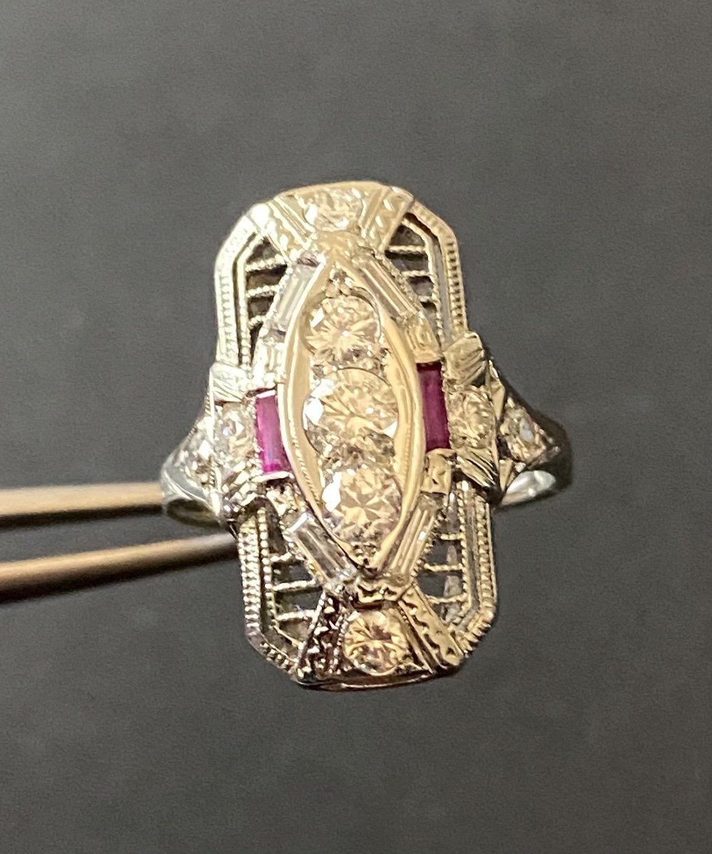 Art Deco Style Ring In White Gold, Rubies And Diamonds-photo-8