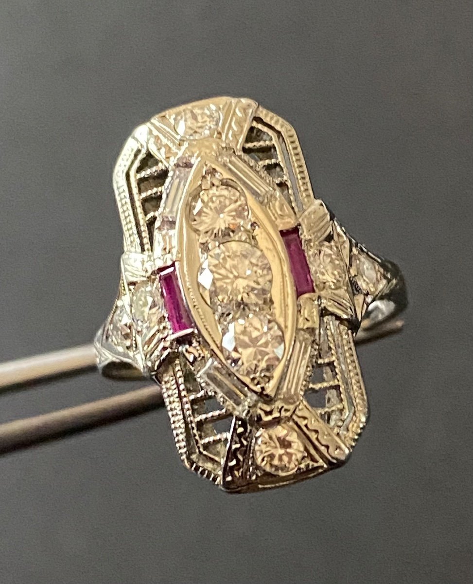 Art Deco Style Ring In White Gold, Rubies And Diamonds