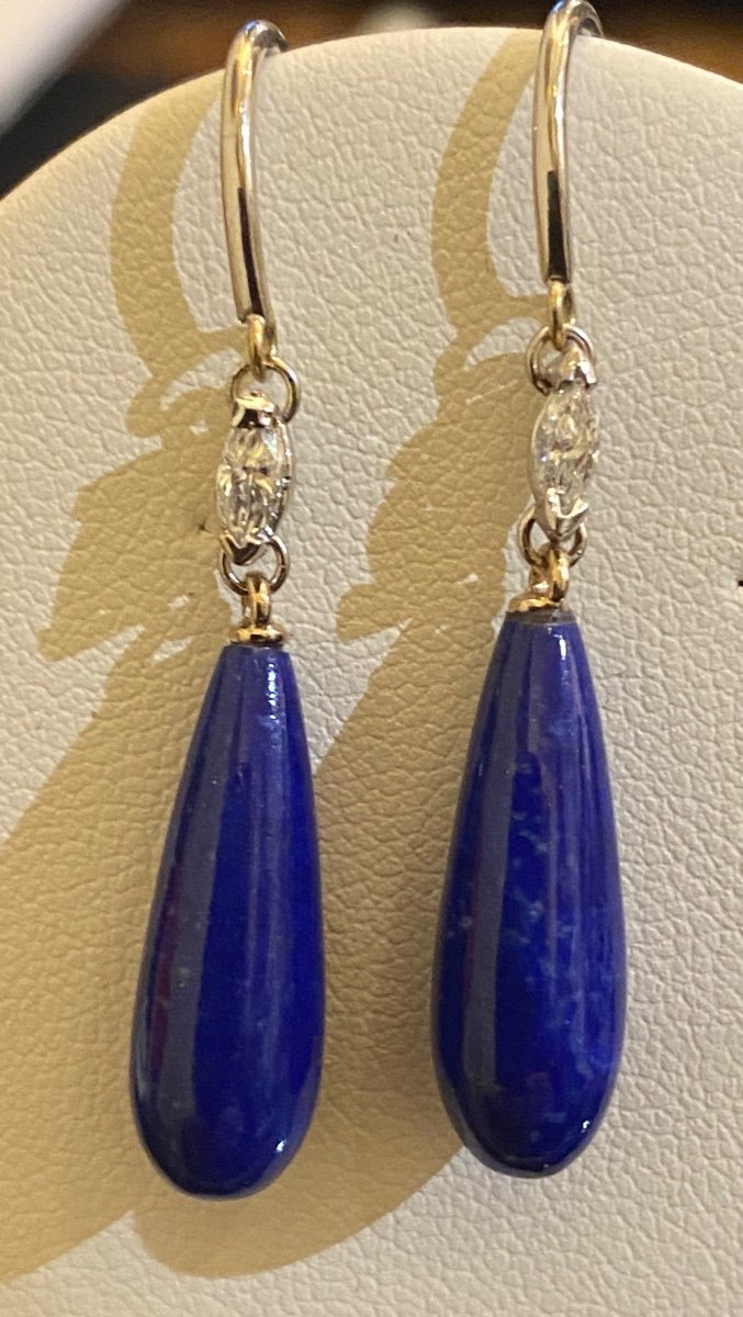 Paire De Pendants d'Oreilles En Or, Lapis-lazuli Et Diamants -photo-2