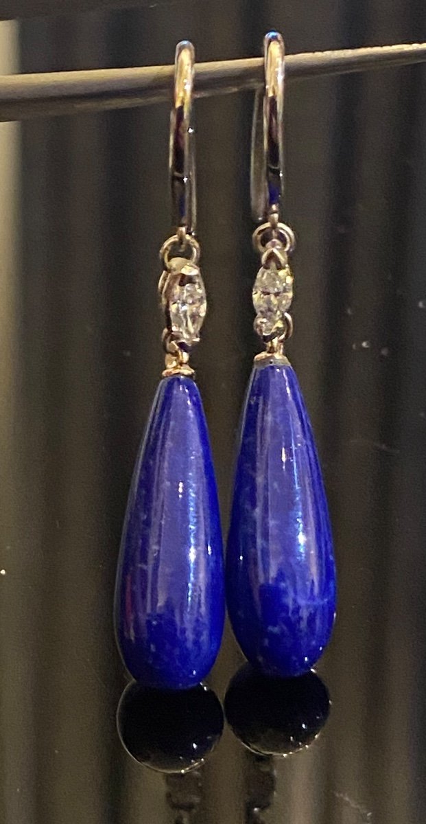 Paire De Pendants d'Oreilles En Or, Lapis-lazuli Et Diamants -photo-3