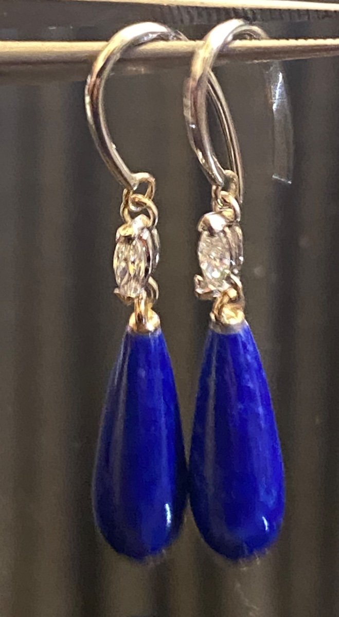 Paire De Pendants d'Oreilles En Or, Lapis-lazuli Et Diamants -photo-4