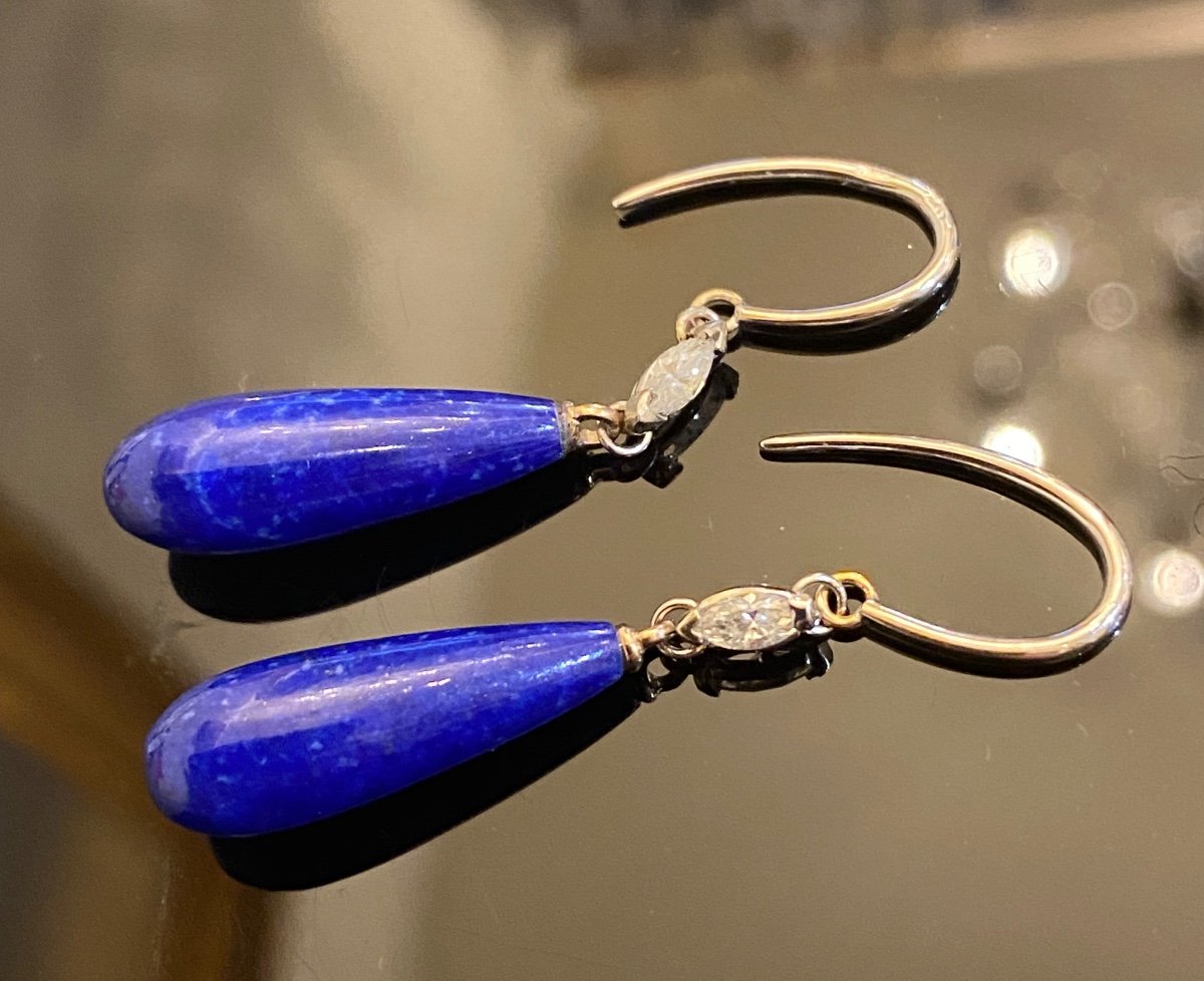 Paire De Pendants d'Oreilles En Or, Lapis-lazuli Et Diamants -photo-1