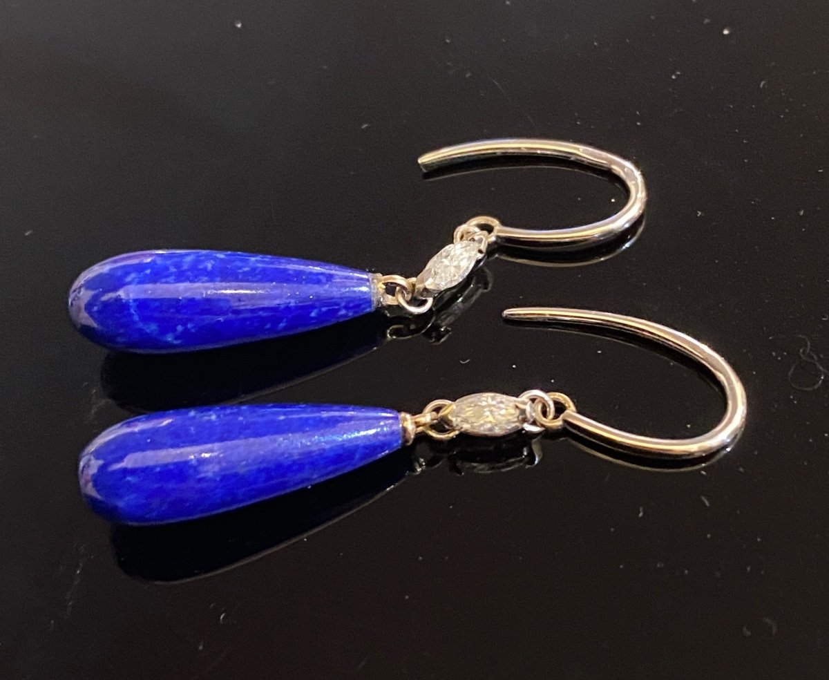 Paire De Pendants d'Oreilles En Or, Lapis-lazuli Et Diamants -photo-3