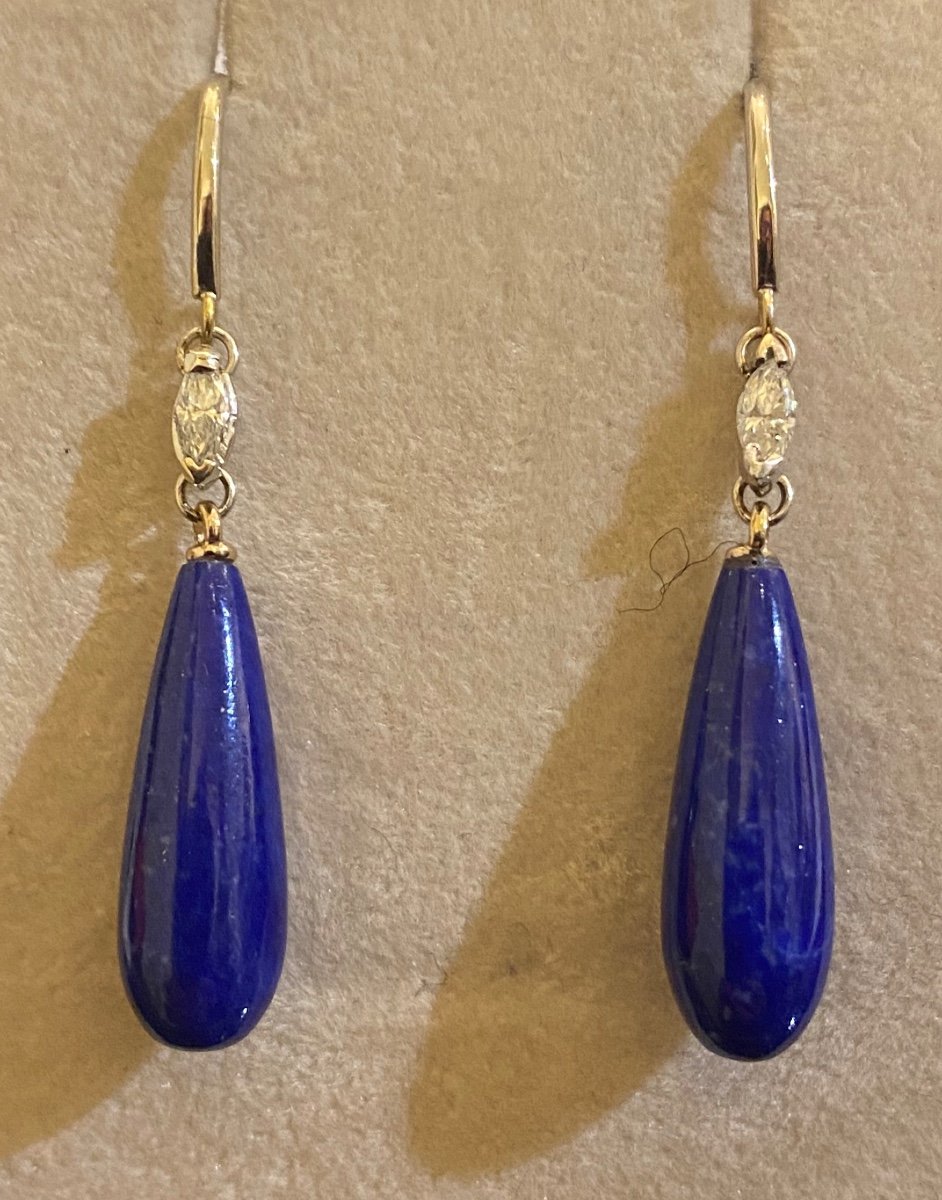 Paire De Pendants d'Oreilles En Or, Lapis-lazuli Et Diamants -photo-4