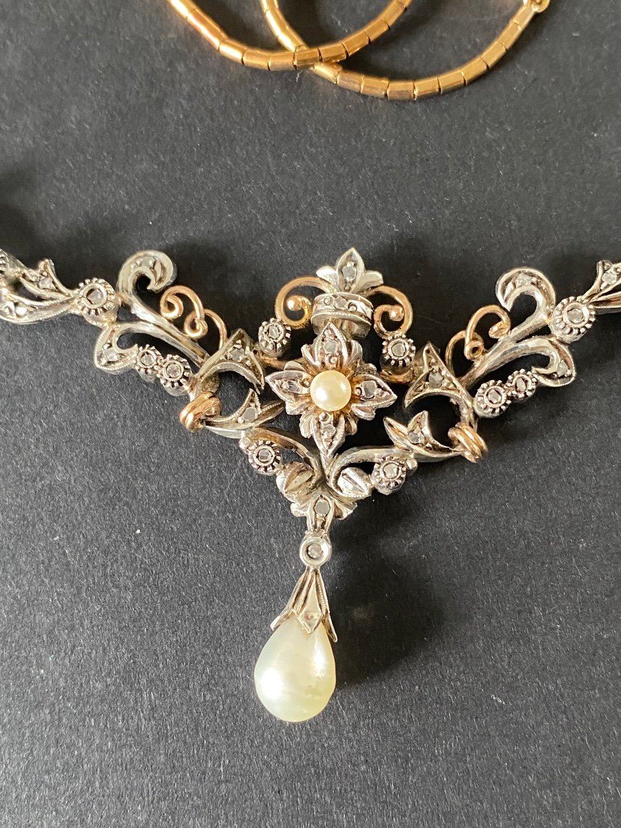 Ancienne Collier Style Art Nouveau En Or , Argent , Perles Et Diamants-photo-1