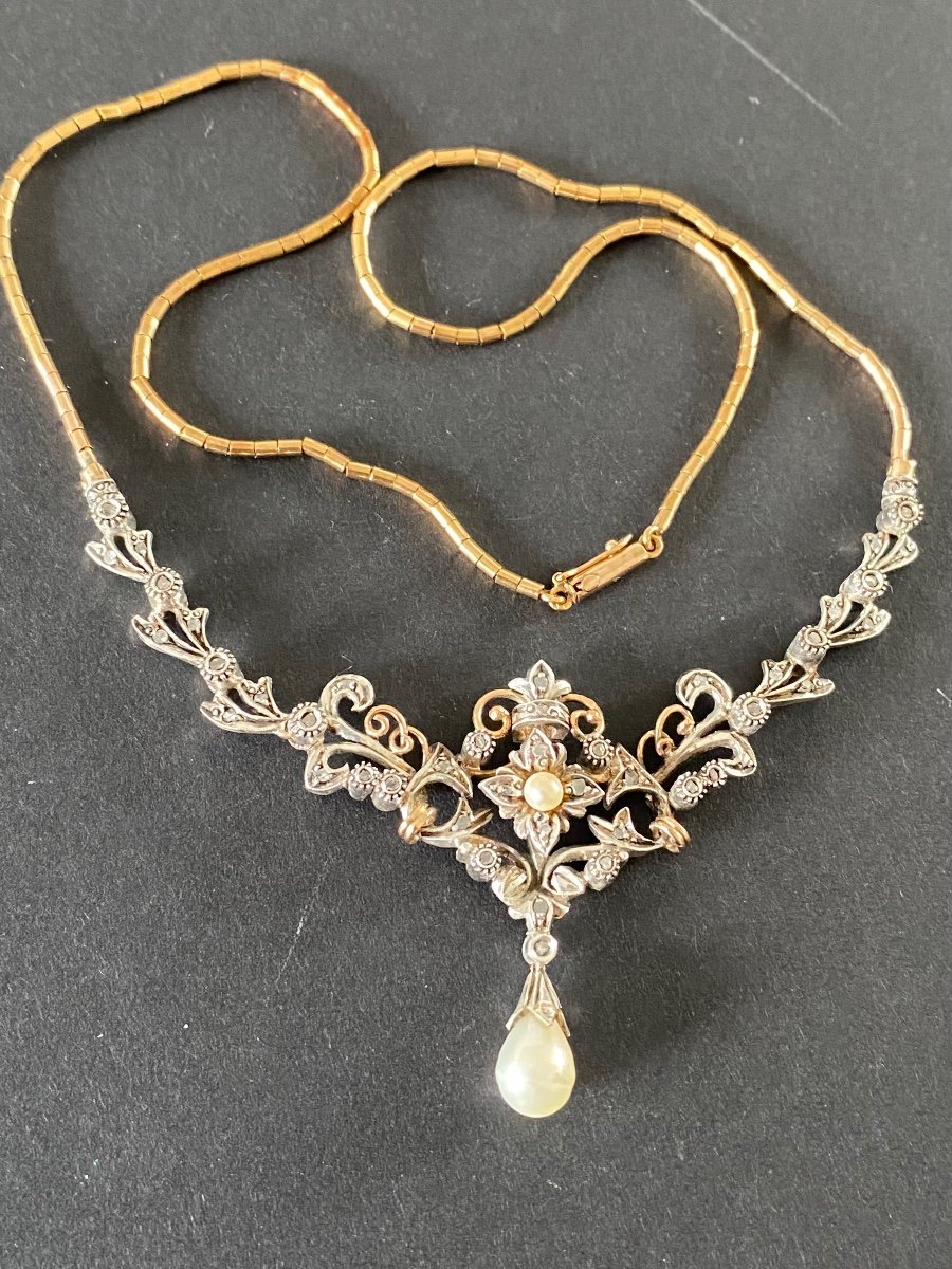 Ancienne Collier Style Art Nouveau En Or , Argent , Perles Et Diamants-photo-6