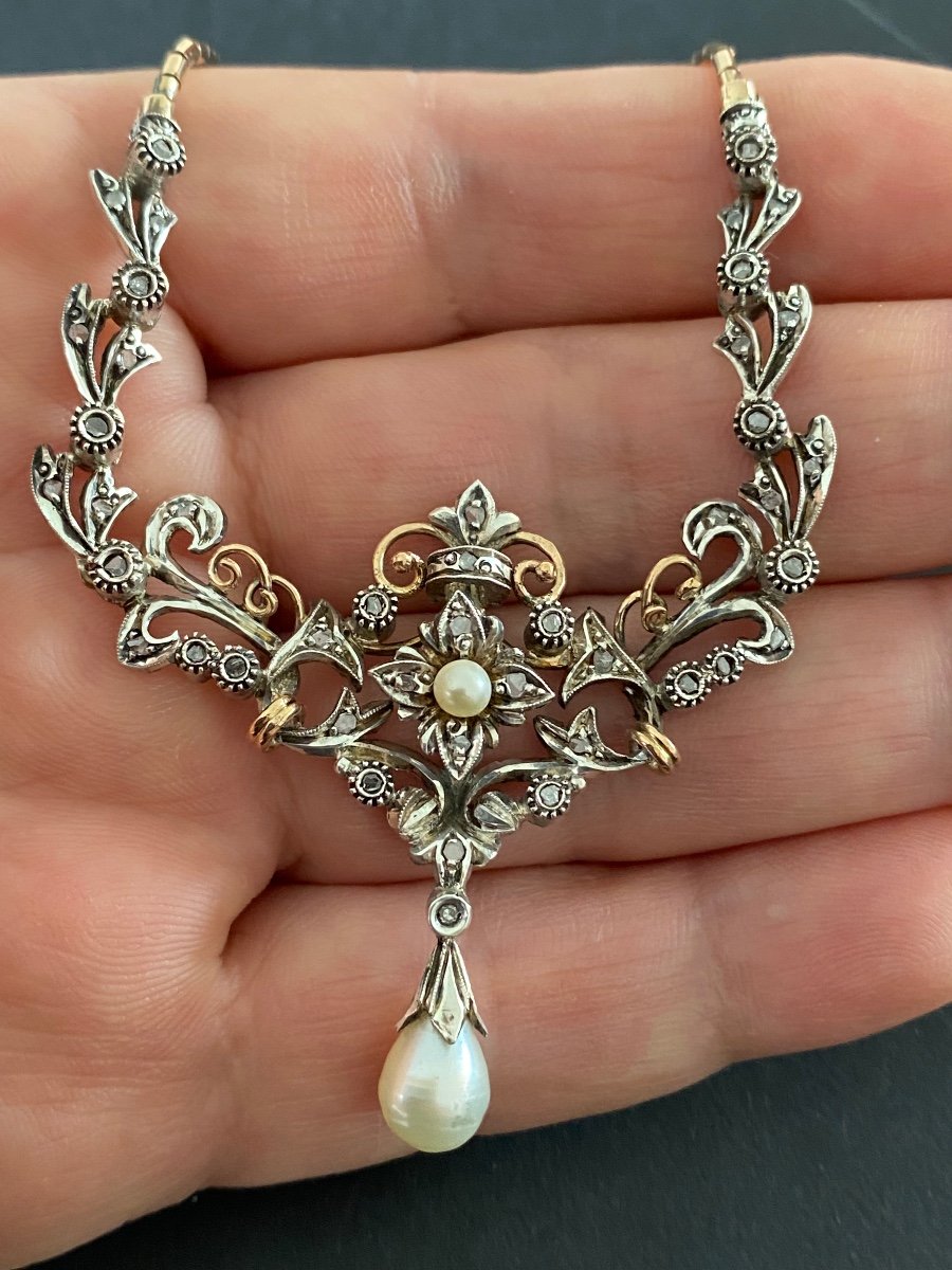 Ancienne Collier Style Art Nouveau En Or , Argent , Perles Et Diamants