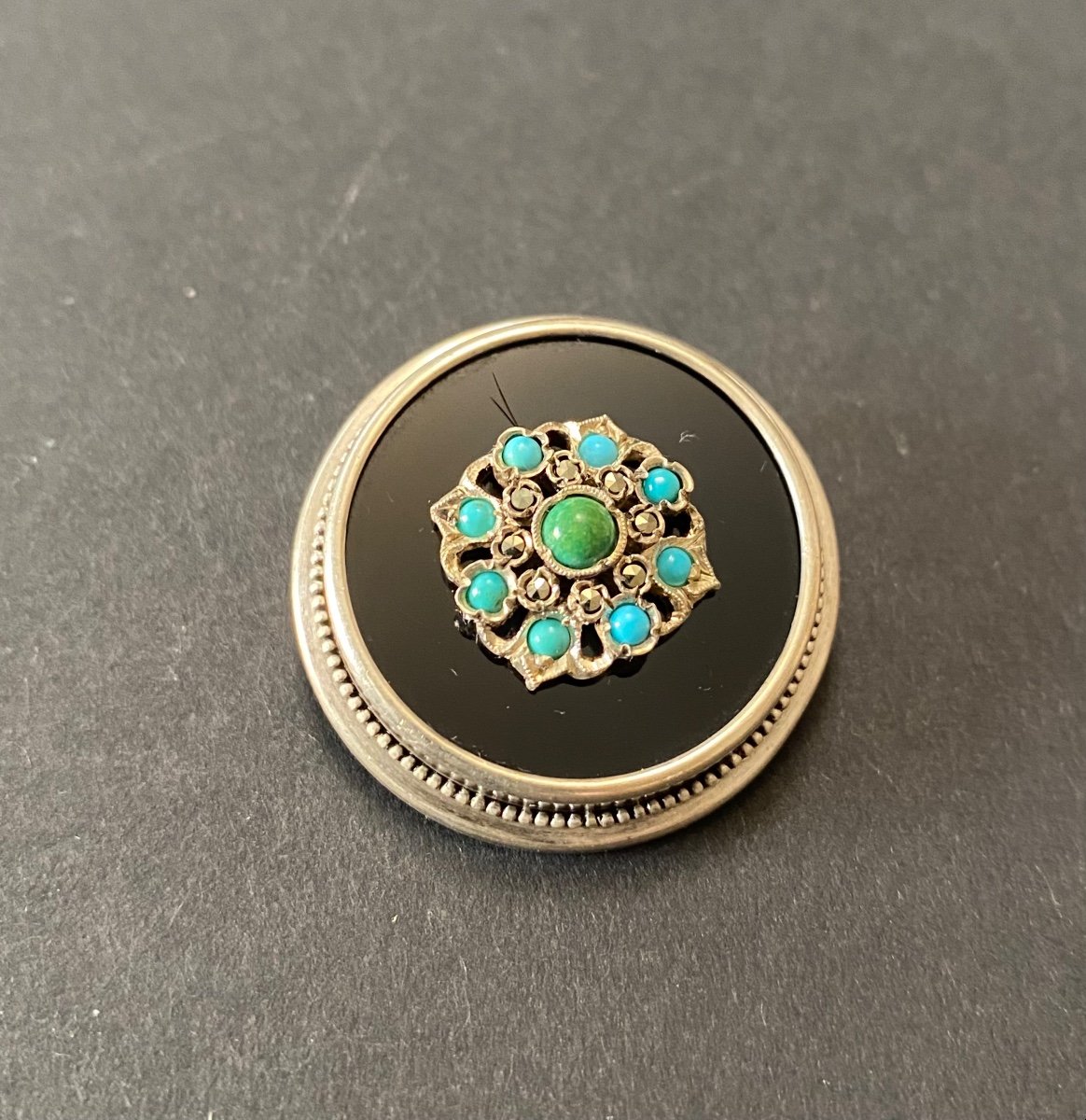 Antique Silver, Turquoise And Onyx Pendant Brooch-photo-3