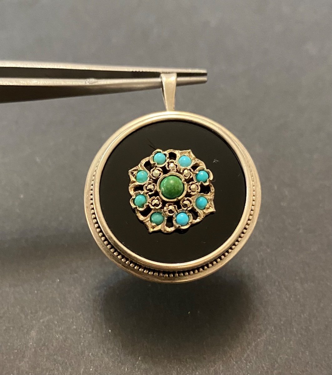 Antique Silver, Turquoise And Onyx Pendant Brooch