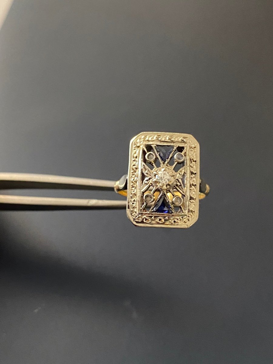 Art Deco Style Ring In Gold, Synthetic Sapphires And Diamonds-photo-3