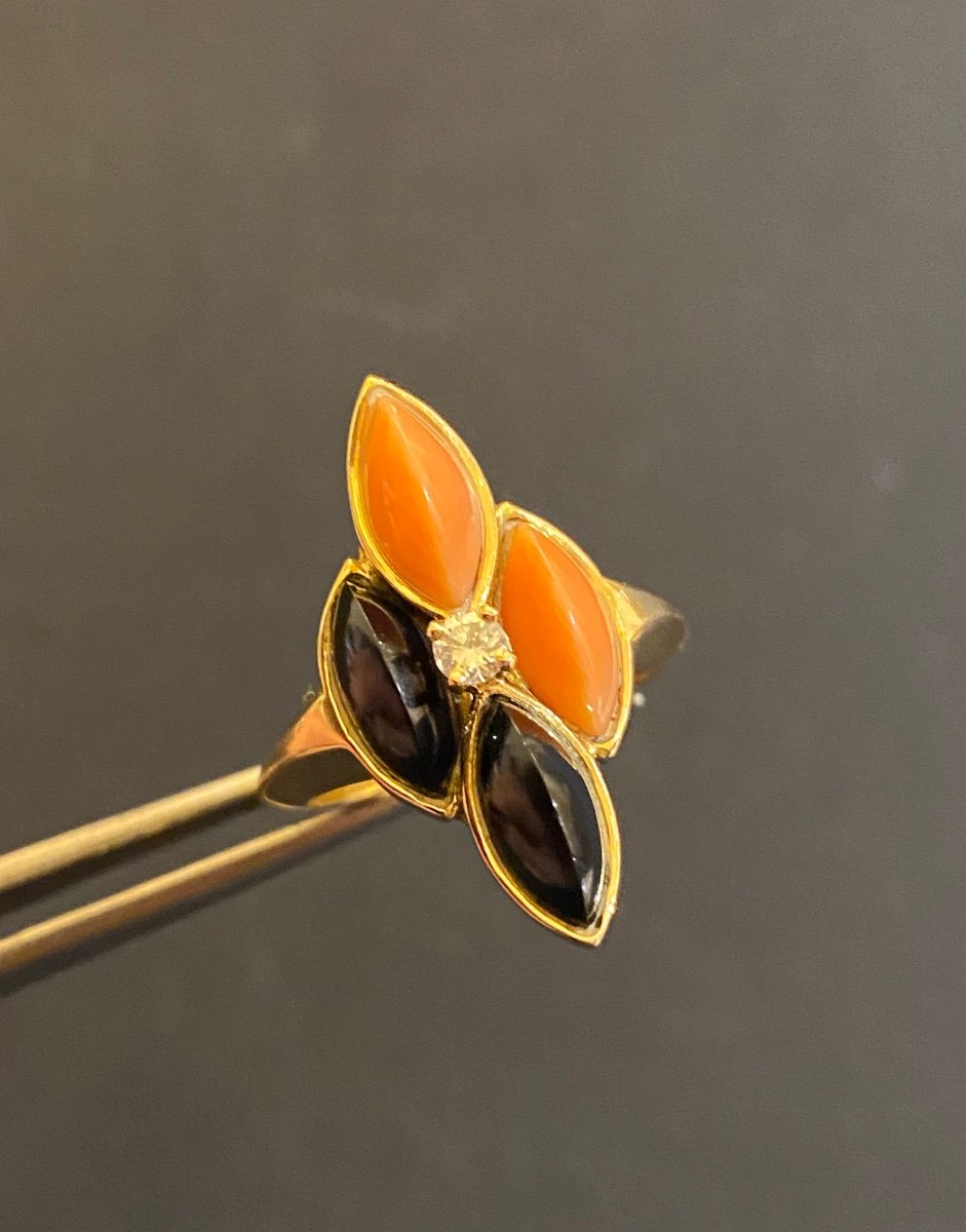 Gold,  Coral And Onyx Ring