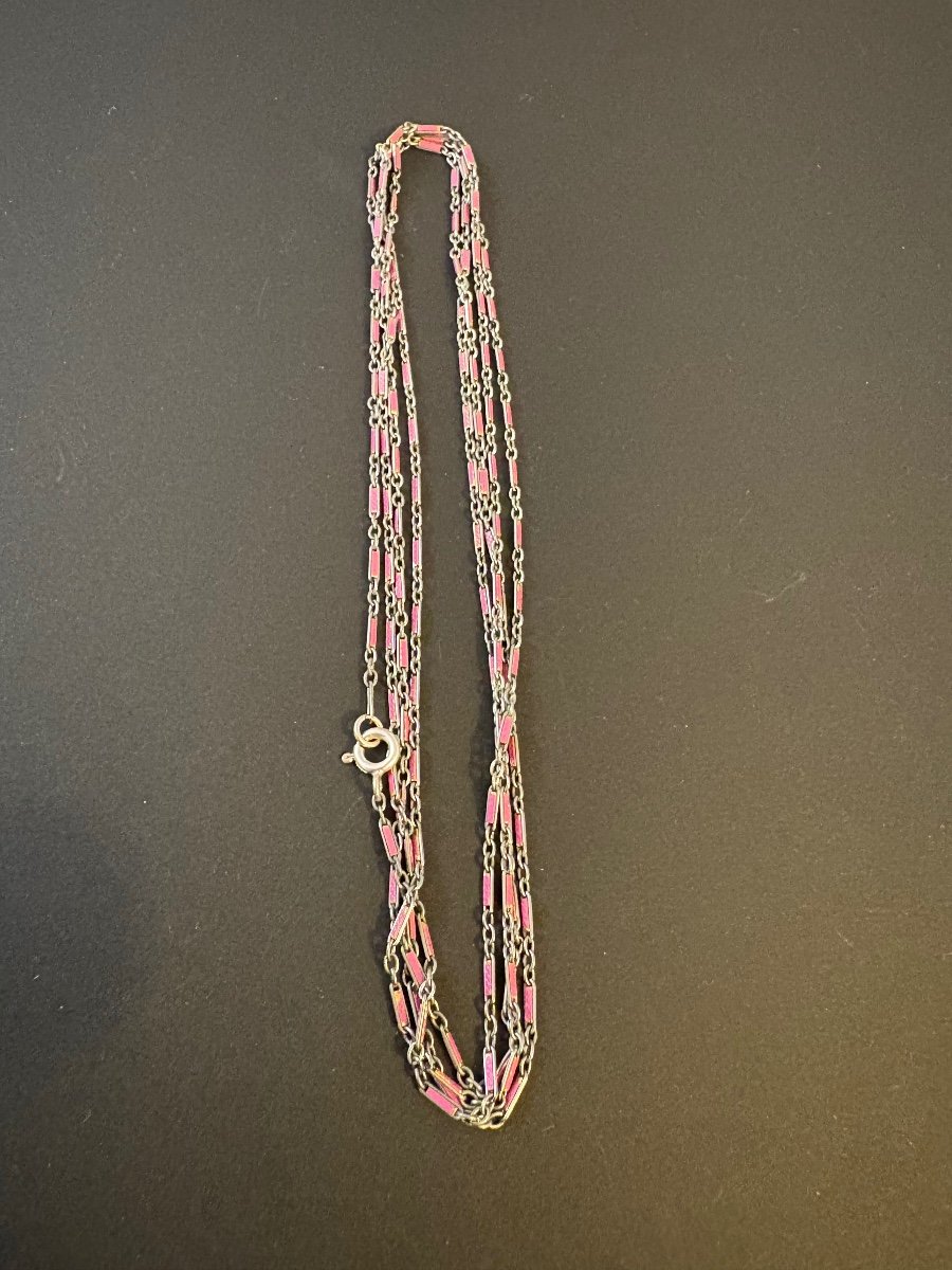 Antique Metal And Pink Enamel Watch Chain-photo-2