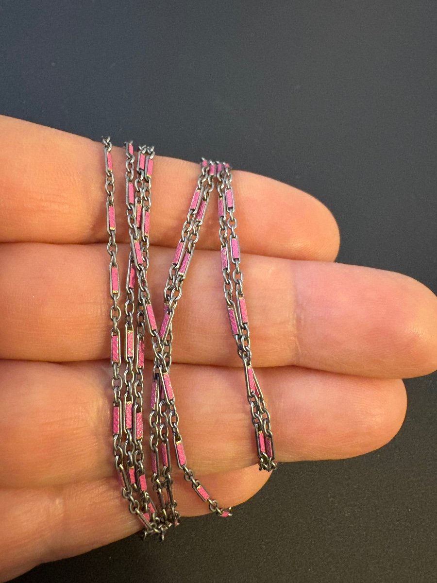 Antique Metal And Pink Enamel Watch Chain-photo-3