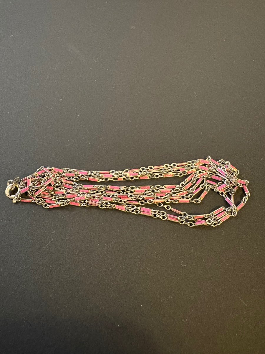 Antique Metal And Pink Enamel Watch Chain