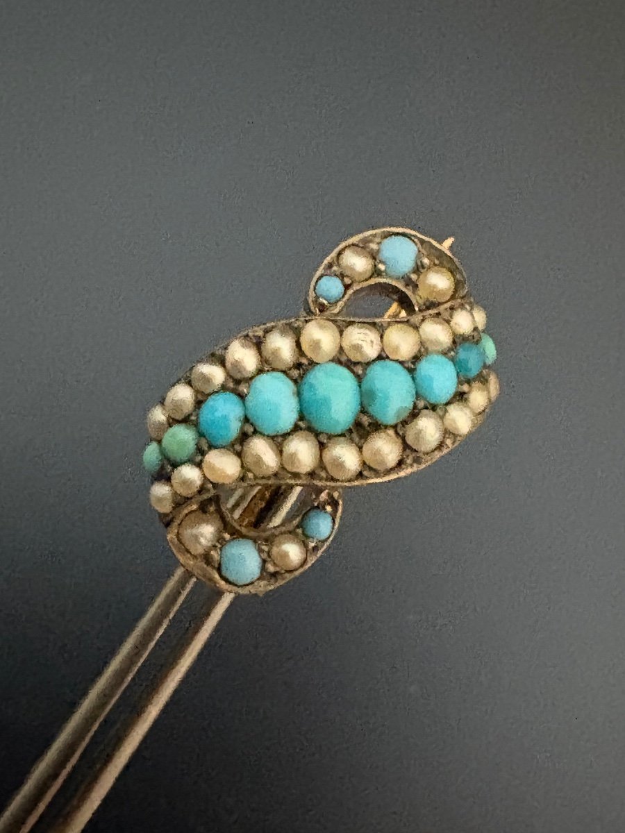 Ancienne Broche En Argent , Or Jaune, Turquoises Et Perles Fines.-photo-3