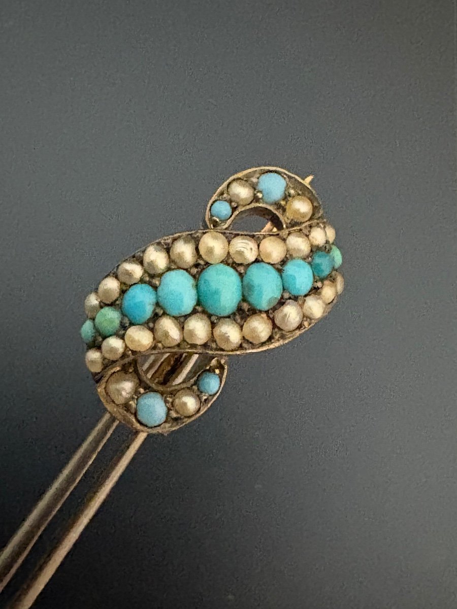 Ancienne Broche En Argent , Or Jaune, Turquoises Et Perles Fines.-photo-4