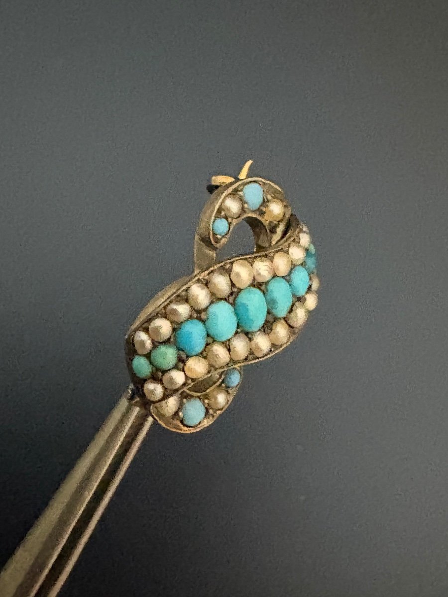 Ancienne Broche En Argent , Or Jaune, Turquoises Et Perles Fines.-photo-5