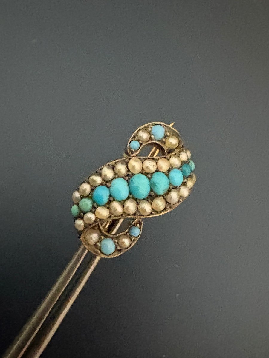 Ancienne Broche En Argent , Or Jaune, Turquoises Et Perles Fines.