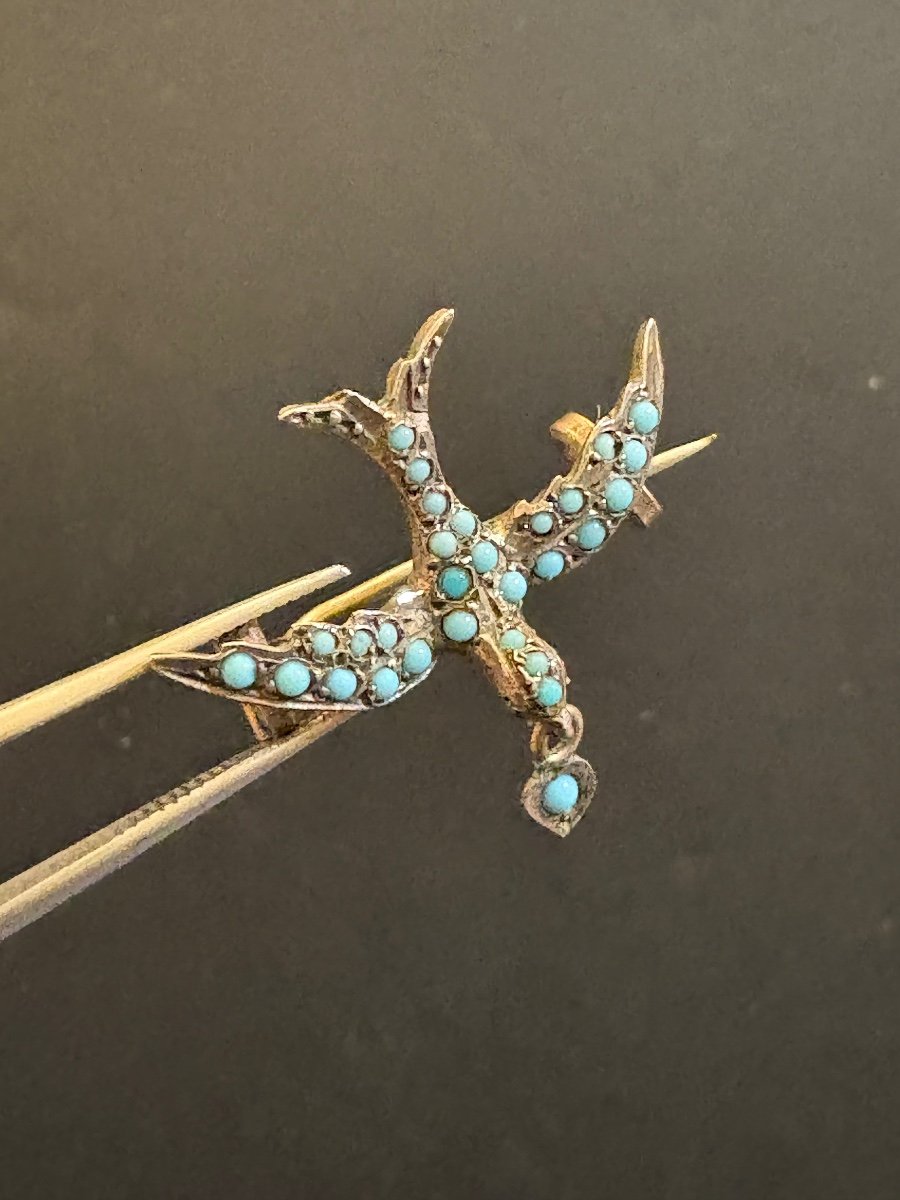 Broche Oiseau En Argent Et Turquoise-photo-2