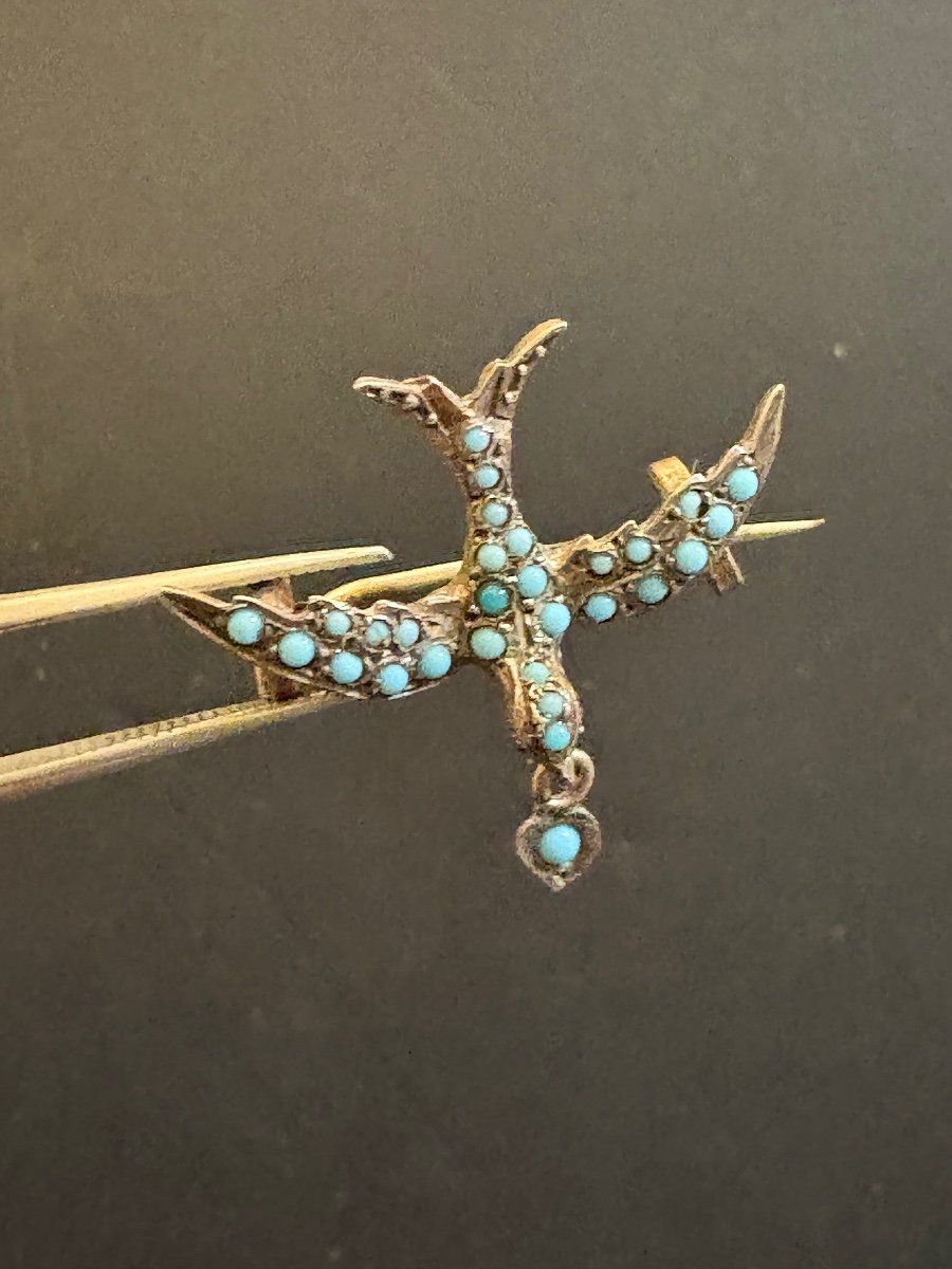 Broche Oiseau En Argent Et Turquoise-photo-3