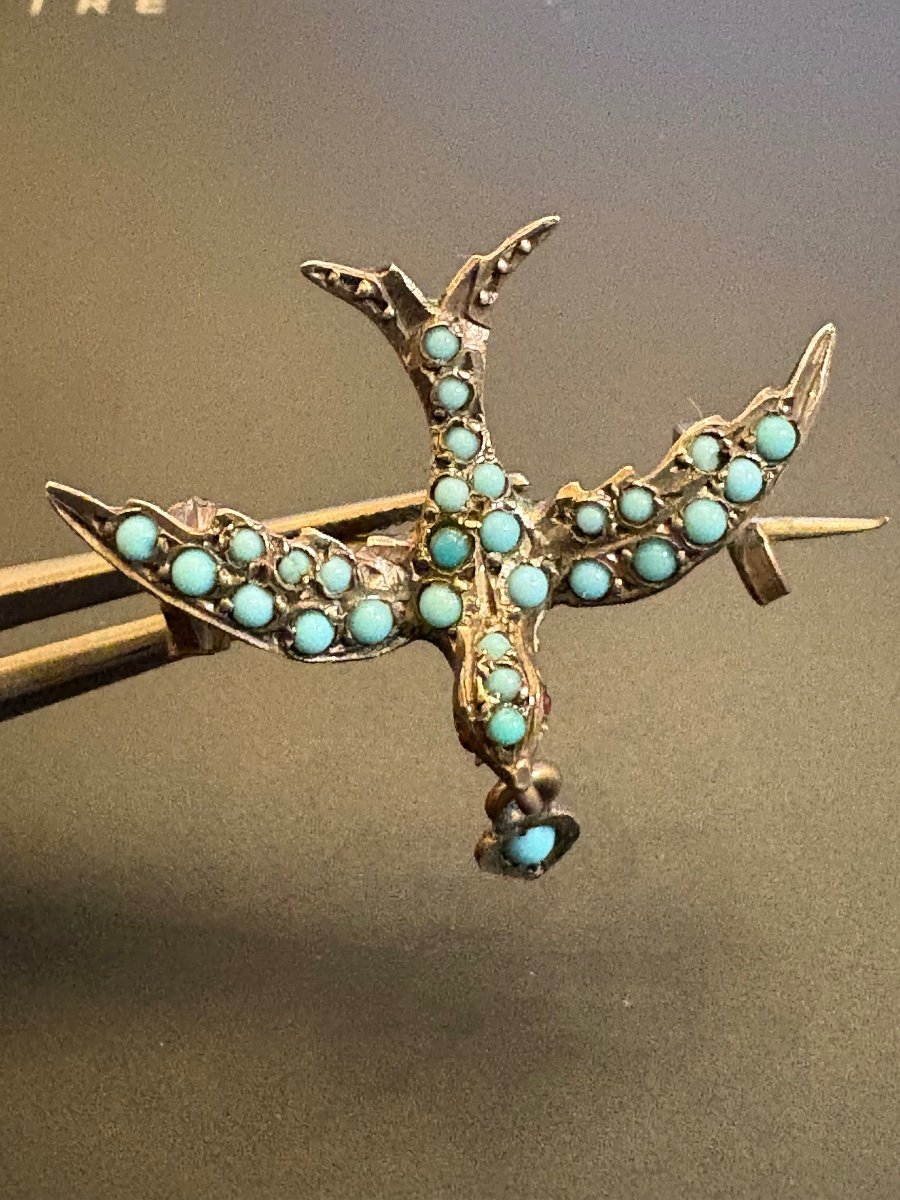 Broche Oiseau En Argent Et Turquoise-photo-1