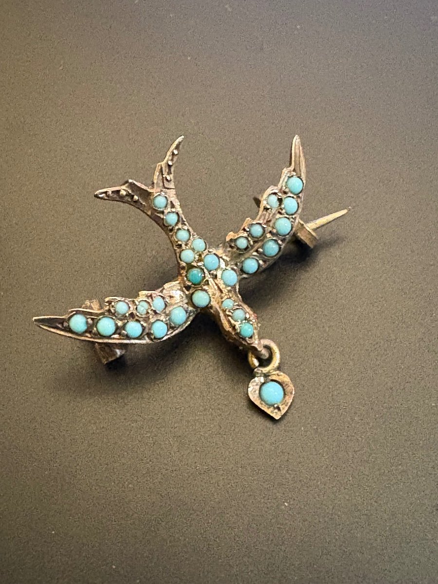 Broche Oiseau En Argent Et Turquoise-photo-2