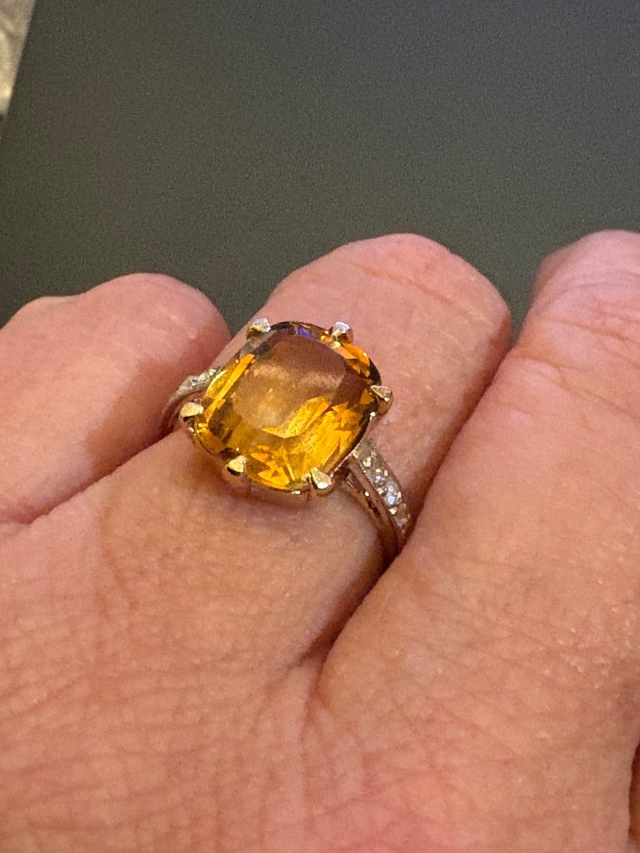 750/1000 Yellow Gold Ring, Citrine And Rose-cut Diamonds-photo-3