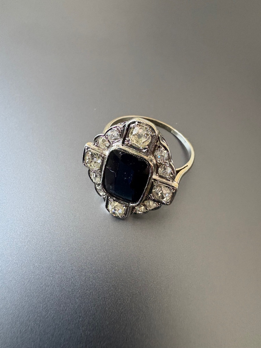 Art Deco: Ring In 750/1000 White Gold, Sapphire And Diamonds.-photo-2