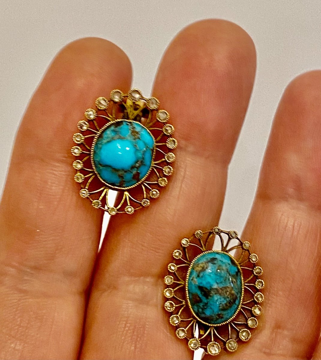 Pair Of Gold, Turquoise And Diamond Earrings-photo-2