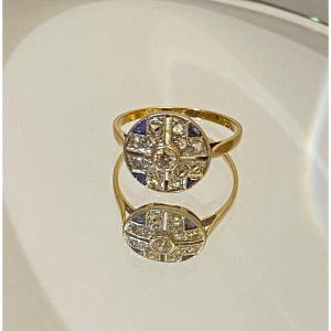 Ancienne Bague Art Deco En Or, Saphir Et Diamants