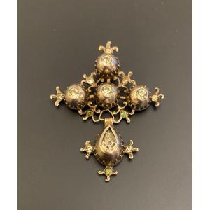 Old Cross Pendant In 800/1000 Eme Silver And Stones