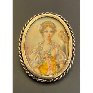 Old 800/1000 Silver Brooch, Hand Painted Miniature