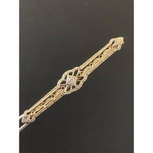 Ancienne Broche Style Art Deco En Or Et Diamant