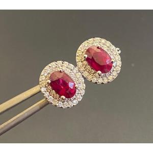 Pair Of Gold, Ruby And Diamond Earrings