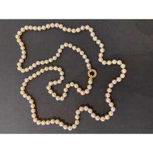 Cultured Pearl Long Necklace, Gold And Diamond Clasp