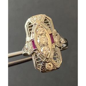 Art Deco Style Ring In White Gold, Rubies And Diamonds