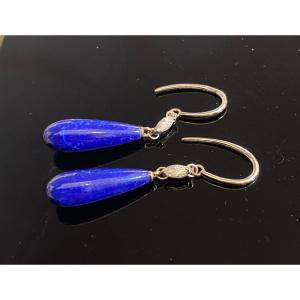 Pair Of Gold, Lapis Lazuli And Diamond Drop Earrings 