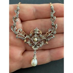 Ancienne Collier Style Art Nouveau En Or , Argent , Perles Et Diamants