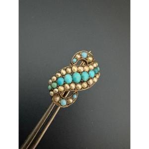 Ancienne Broche En Argent , Turquoises Et Perles Fines.