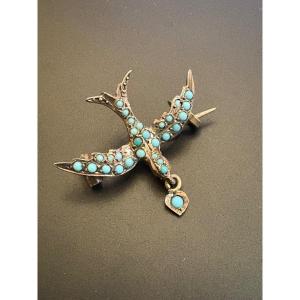 Broche Oiseau En Argent Et Turquoise