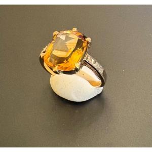 Bague Or Jaune 750/1000 Eme , Citrine Et Diamants Taille En Rose