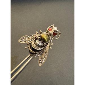 19th Century. Insect Brooch In 800/1000 Eme Silver.