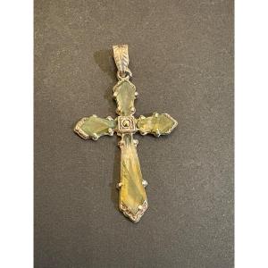 Ancienne Croix En Argent 800/1000 Eme Et Agate 